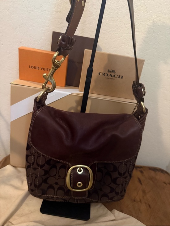 Coach Handbags - Coach 2007 Brown Signature Canvas & Leather Bleeker Shoulder Flap Bag 11434
